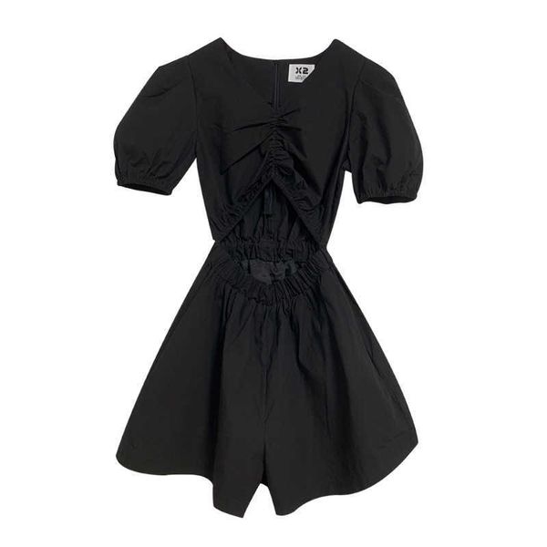 

perhaps u solid pocket black white v neck short sleeve puff sleeve rompers summer hollow out j0132 210529
