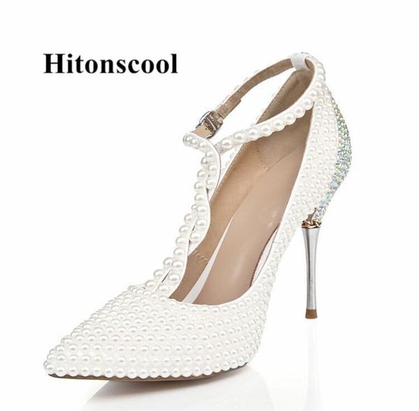 

dress shoes sweet white pearl pointed toe high-heeled wedding temperament word buckle female sandals, Black