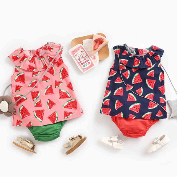 

summer baby girl clothes kids girls sets watermelon printing t-shirt + triangle pants clothing suit children 210429, White