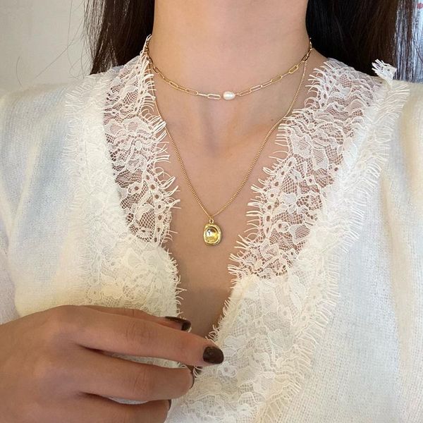 

pendant necklaces summer fashion necklace personality double - layer design sense choker temperament pearl wind collarbone chain woman acces, Silver