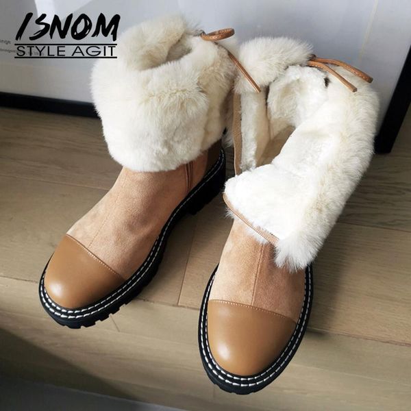 

boots isnom women warm fur snow round toe side zip female fashion genuine leather block heels ladies winter ff3l, Black
