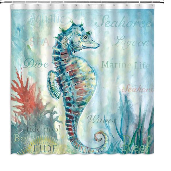 

seahorse shower curtain vintage text watercolor underwater creatures blue ocean coral reef,70x70 inch polyester fabric bathroom
