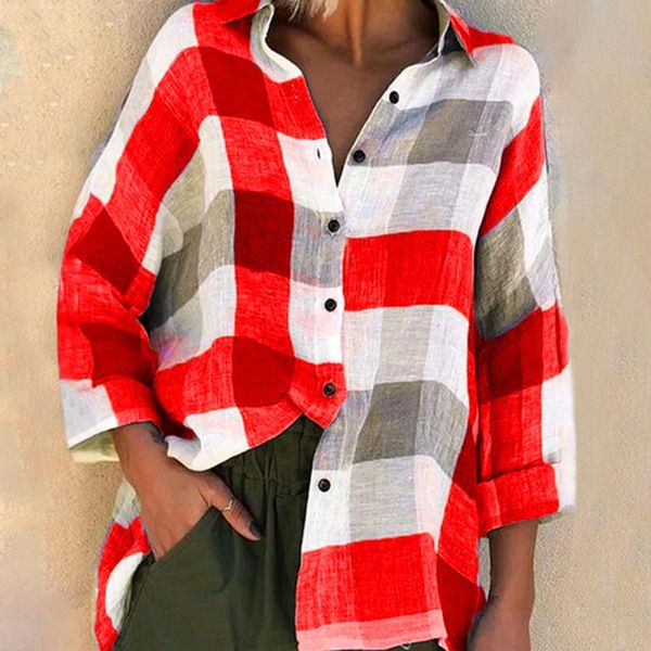 

women casual v neck button blouse shirts autumn long sleeve plaid print lady winter elegant plus size blusa streetwear women's blo, White