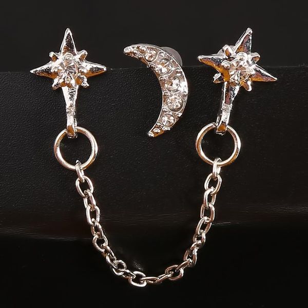 

stud rhinestone moon star chain earrings 3 ear holes elegant gold colors ladies earring set 2022 party jewelry, Golden;silver