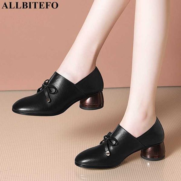 

allbitefo full genuine leather brand high heels women shoes bowtie thick heels office ladies shoes party women heels size:33-42 210611, Black