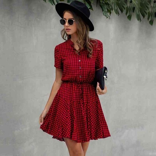 Lossky Women Cotton Mini Dress Fashion Summer Plaid Snake Manica corta Casual increspato Short Nice Shirt Dress Clothes Elegant 201025