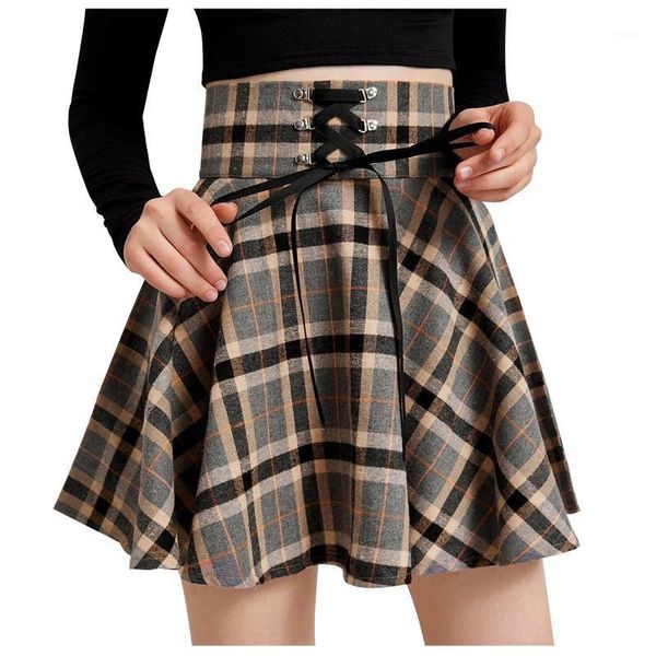 

skirts high waist pleated mini skirt women fashion retro punk plaid print strap zipper short korean all-match jupe, Black