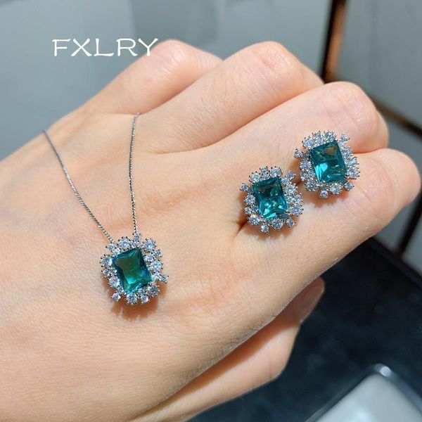 

earrings & necklace fxlry vintage blue color zircon geometric square earrings/pendant/necklace wedding jewelry sets, Silver