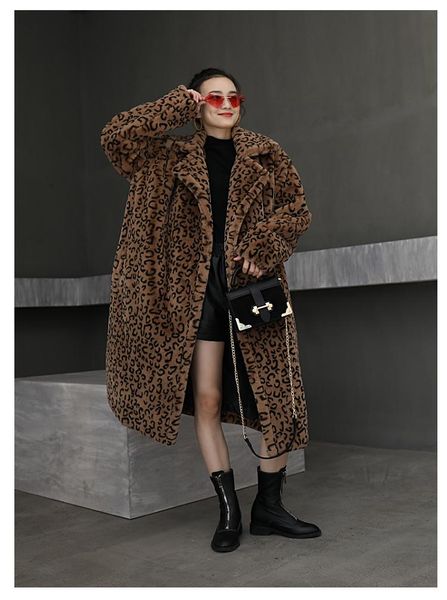 

women's leather & faux winter women fur coat luxury long loose lapel overcoat thick warm female plush coats, Black