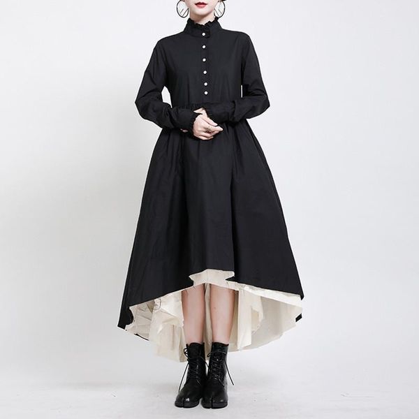 

johnature 2021 winter court style japanese irregular women dresses fashion bandage loose patchwork bubble dress casual, Black;gray