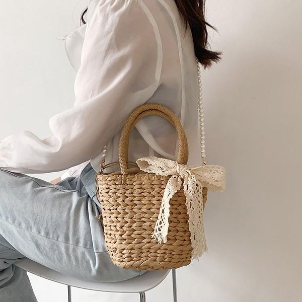 

evening bags summer straw beach women's bag bow and pearl chain crossbody bohemian style female bucket shoulder shopper handbag