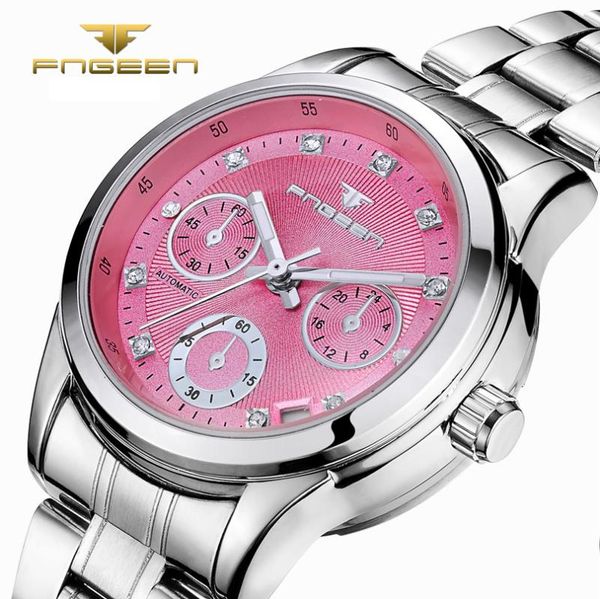 

wristwatches fngeen luxury women watch stainless diamond dial auto date automatic mechanical watches pink graceful female clock, Slivery;brown