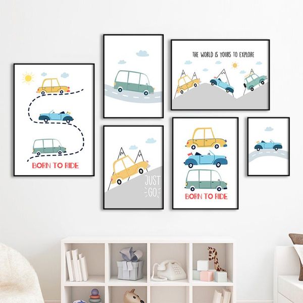

paintings cartoon car mountain track sun quotes wall art canvas painting nordic posters and prints nursery pictures kids room decor