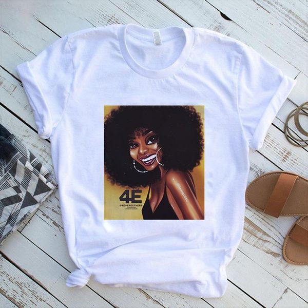

harajuku black girl curly hair women t shirt casual white graphic summer