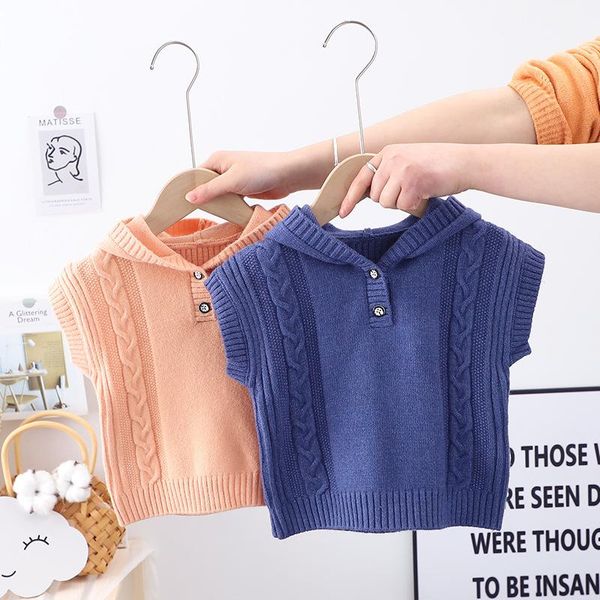 

pullover spring autumn baby girls solid hooded sleeveless vest waistcoat children kids knitwear casual sweater, Blue