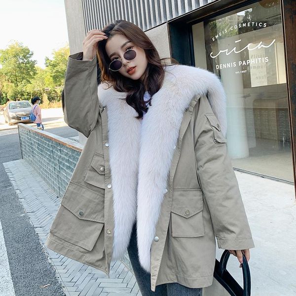 

women's fur & faux 2021 ladies collar rex liner parka coat women winter jacket, Black