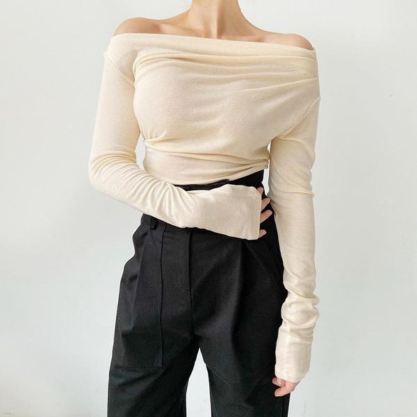 

women's t-shirt slash neck shoulder strapless tshirts women 2021 fashion korean chic all-match long sleeve tees elegant basic female to, White