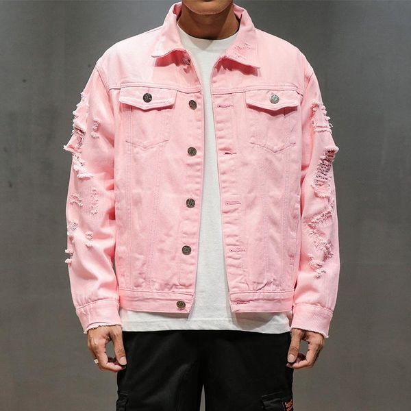 

plus size 5xl pink black ripped denim jeans jackets hip hop streetwear holes casual fashion men women distressed solid coat men's, Black;brown