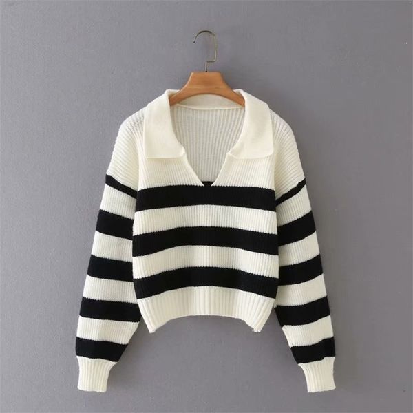 

traf women fashion striped polo collar loose knit sweater retro long sleeve pullover streetwear 210914, White;black