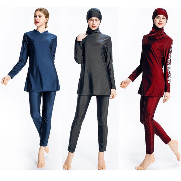 

ethnic clothing modest muslim swimwear women islam plus size abaya long sleeve three piece full cover islamic hijab swimsuit beach, Red