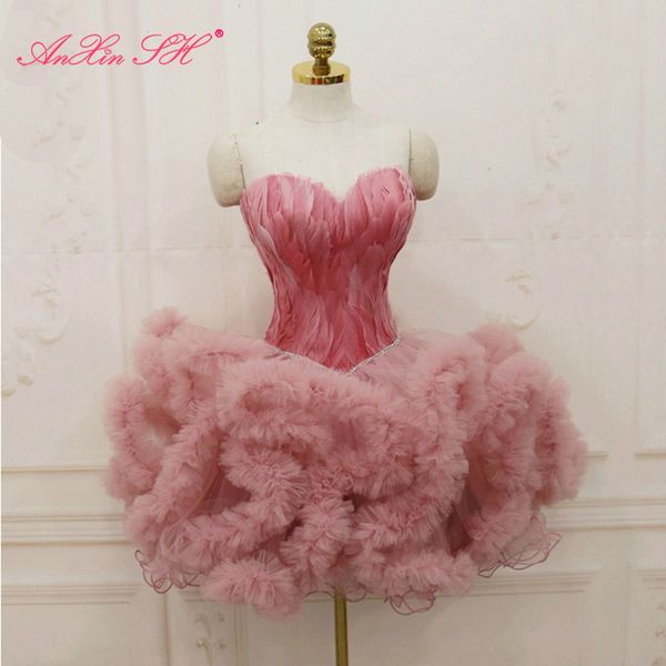 

anxin sh pink short princess white feather sisters birthday fluffy strapless beading crystal evening dress little black dress, Black;red
