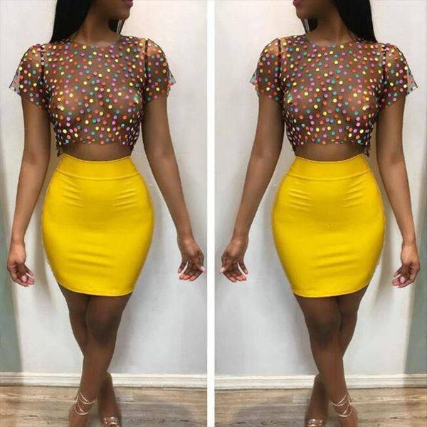 

summer two piece set womens tracksuits elegant mesh polka dot casual party crop and skirt sets outfits, Gray