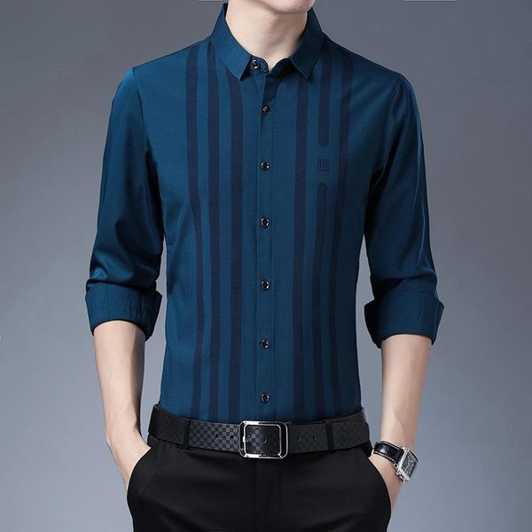 

middle aged dad shirt 2021 years autumn stripe plaid no iron long sleeve men's business leisure bottom coat chemise casual shirts, White;black