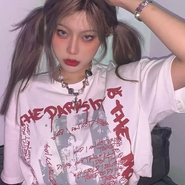 

women's t-shirt summer y2k harajuku cotton ins streetwear women casual oversize tees loose vintage gothic clothing, White