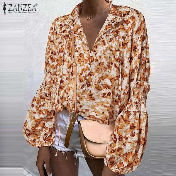 

blouses fashion women's floral print blouse 2021 autumn lace up ruffle stand collar shirts casual lantern sleeve plus size 7, White