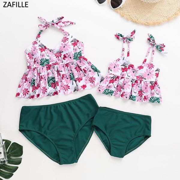 

women's swimwear zafille women girls bikini mother and daughter swimsuit 2021 flower printed mom family look matching beachwear, White;black