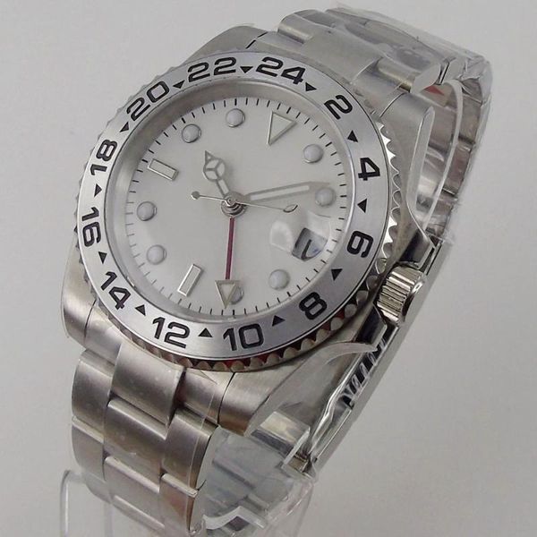 

wristwatches red gmt arrival automatic mens watch white dial brushed oyster bracelet spaphire glass steel metal bezel, Slivery;brown