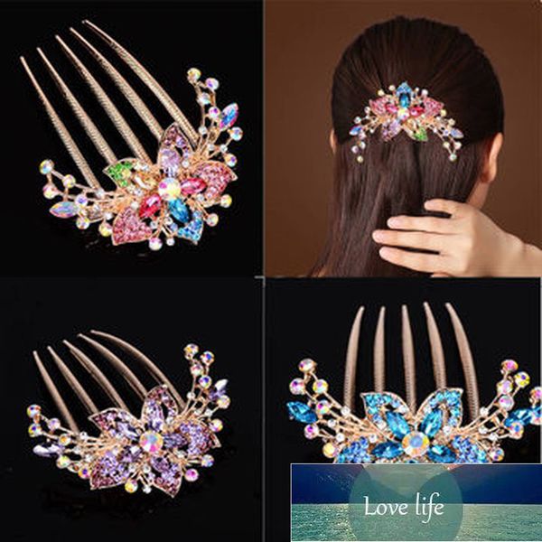 

1pc colorful flowers rhinestone hairpins retro women's hollow out crystal hair comb hairpin fashion hair accessories headdress factory, Golden;silver