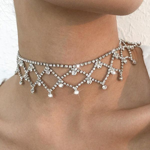 

chokers luxury rhinestone mesh shape short choker necklace charm neck jewelry for women bling crystal hollow tassel party gifts, Golden;silver