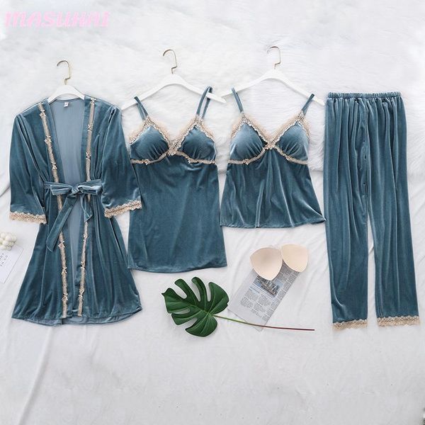 

women's sleepwear masuhai autumn and winter pajamas padded with golden velvet 4-piece thick plush long sleeve pants, Black;red