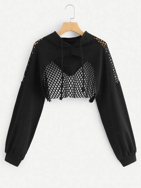 

cutout mesh insert cropped hoodie 22yj#, White;black