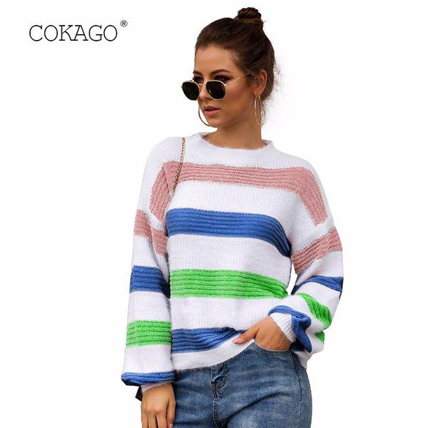 

women's sweaters cokago striped knitted sweater women o neck long sleeve warm winter pullover woman 2021 casual rainbow ladies jumper, White;black