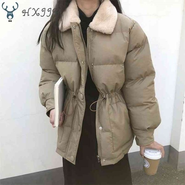 Зимний корейский вниз хлопчатобумажный хлеб пальто толстые верхняя одежда женская талия женской шнурки из искусственного кролика меховой отворот теплые куртки женские 210916