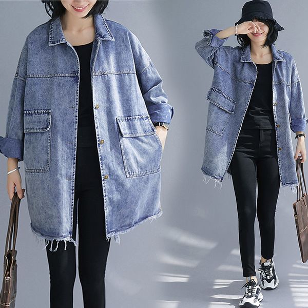 

wool autumn and raw winter denim size large female section long bf patch pocket tide jeans jacket k641 ffq5, Black