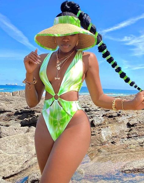 

2021 hollow out high cut print women swimwear swimsuit female deep v padded bather bathing suit swim lady, White;black