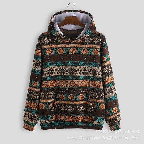 

men's printed ethnic insert pocket hooded sweatshirt, Black