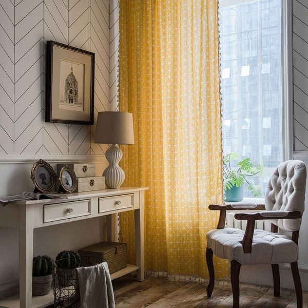 

yellow geometry cotton and linen tassel bohemian semi-shading style kitchen curtain country bedroom window & drapes