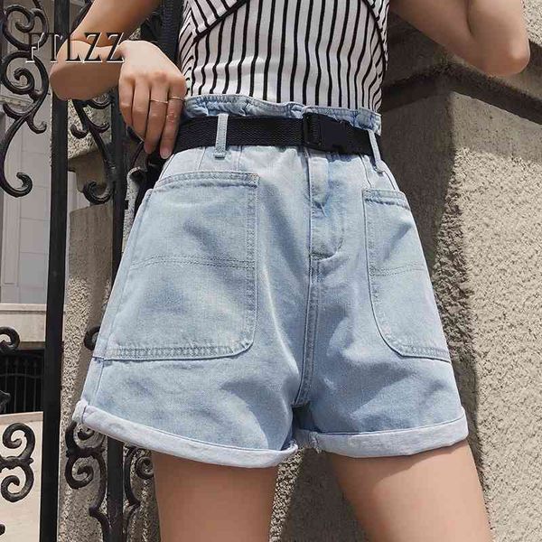 

women vintage big pockets jeans shorts summer slim high waist with belt blue denim femme woman causal 210602, White;black