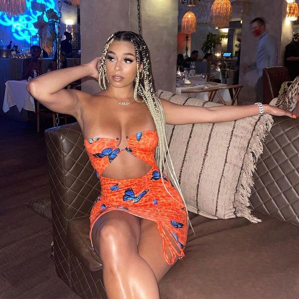 

women's swimwear women summer skirt butterfly print off-shoulder hollow-waist sheath dress with drawstring for girls orange, White;black