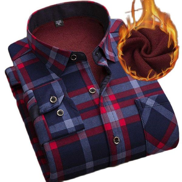 

men's casual shirts autumn winter thicken fleece shirt men business plaid long sleeve warm clothes turn down collar button up, White;black