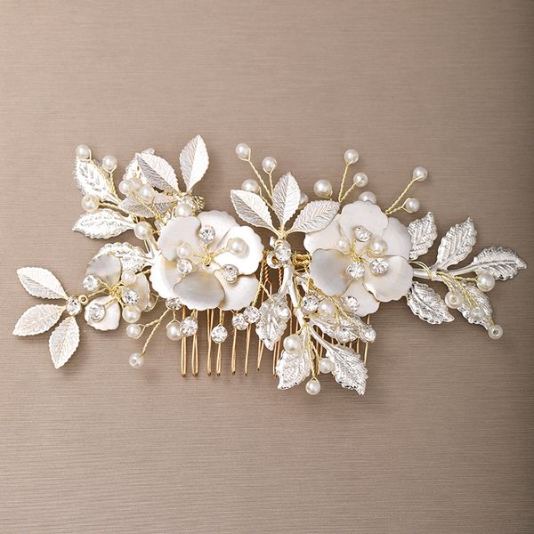 

luxury golden flower pearl hair combs headdress prom bridal wedding hair accessories leaves hair jewelry pins handmadedio chan contact, Golden;white