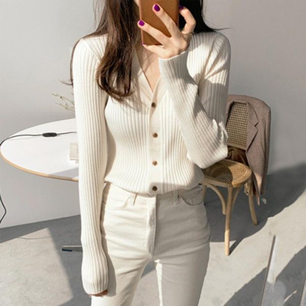 

women's knits & tees arrivals bottoming cardigan sweater women 2021 autumn winter v-neck long sleeve korean fashion elegant knit jacket, White