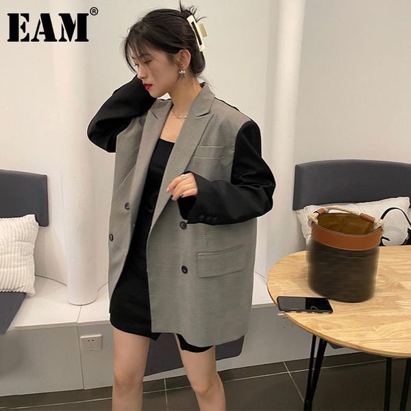 

women's suits & blazers [eam] women gray plaid big size casual blazer lapel long sleeve loose fit jacket fashion tide spring autumn 202, White;black