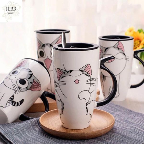 

mugs coffee mug cute cat cup ceramic couple milk breakfast lid spoon water 600ml