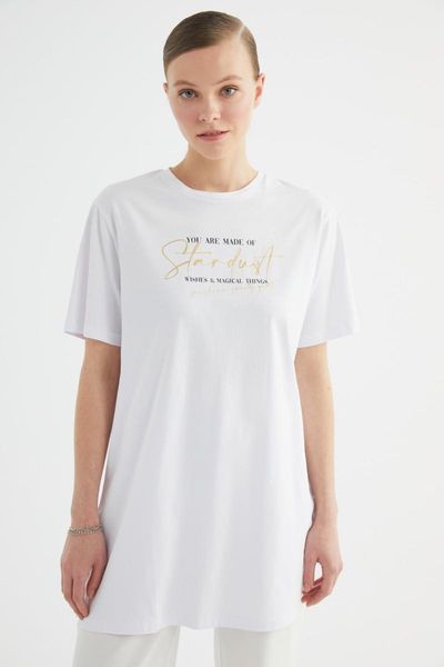 

women's t-shirt trendyol printed knitted tunic-t-shirt tctss21tn0425, White