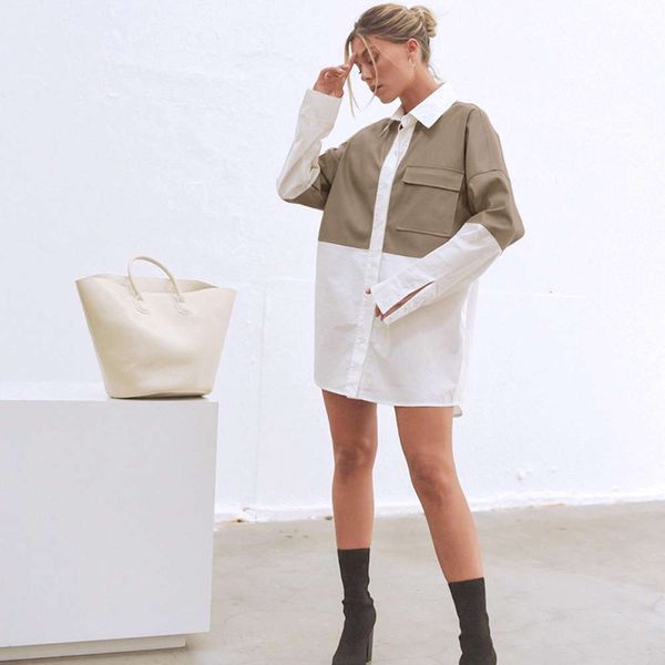 

lining autumn and winter splicing leather loose medium long shirts women's fashion design sense of sleeves, Black;brown